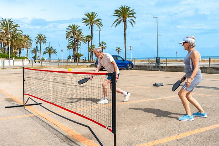 Pickleball on a palm tree beach court